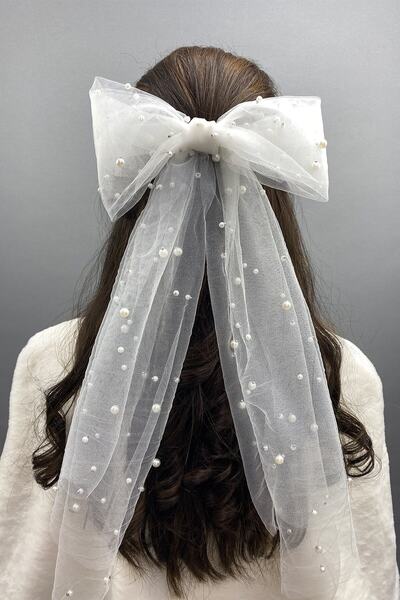 ESPEREST Accesoriu pentru păr cu cataramă cu fundă din tul și perle