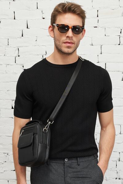 ALTINYILDIZ CLASSICS Чоловічий чорний стандартний крій, нормальний крій, велосипедний комір, трикотажний футболка з жакардовим візерунком