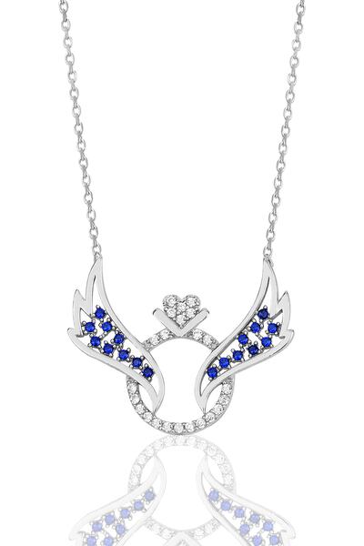 Bilsen Store 925 Ayar Gümüş Beyaz Mavi Taşlı Melek Kanatlı Tektaş Yüzüklü Kolye