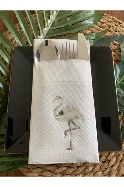 kidspartim Χαρτοπετσέτα Flamingo Ασημί Λευκή με Τσέπες 12 Τεμάχια 40x40