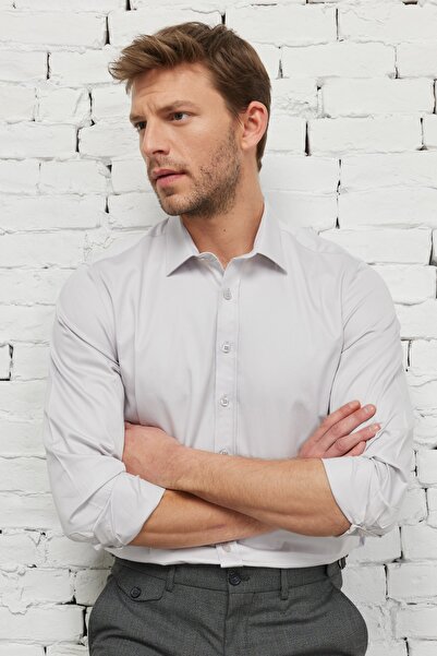 ALTINYILDIZ CLASSICS Cămașă din satin cu guler clasic, cu croi îngust, gri pe...