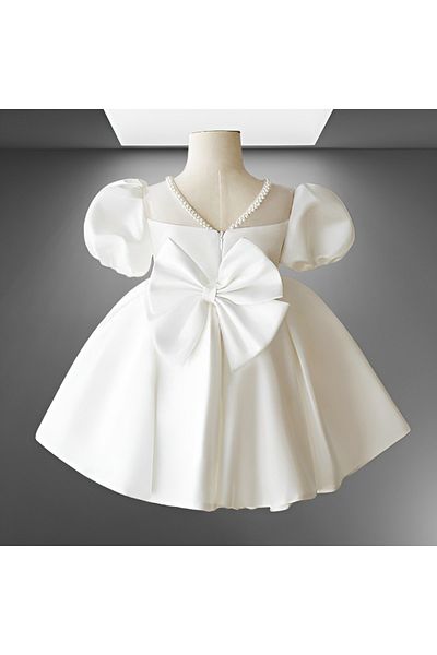 Wiolans White Satin Pearl Detailed Balloon Sleeve Special Design Dress