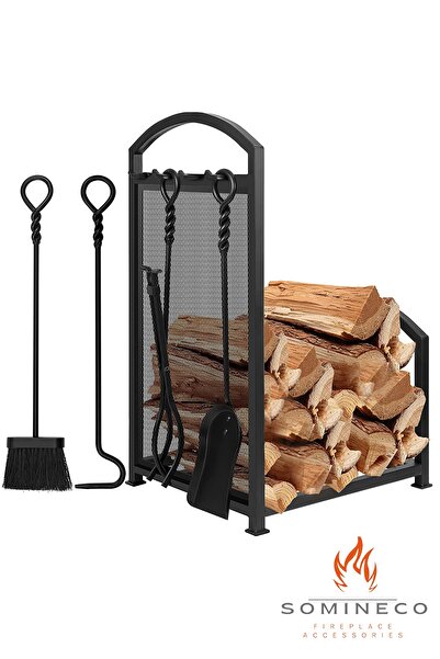 SOMINECO 5 Li Ithal Metal Odunluklu Tel Detaylı Şömine-soba Maşa Takımı Akses...