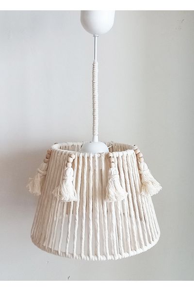 C&A&B KUZEY AVİZE Ecru Macrame String Wrap Wooden Beads and Fringed Design Baby-Child-Teen Room Pendant Lamp Chandelier