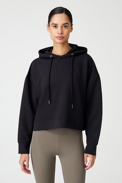 Los Ojos Black Hooded Soft Textured Crop Sweatshirt Cropped Sweat