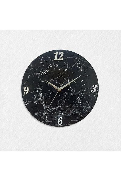 CajuArt Black Round Marble Patterned Wooden Modern Wall Clock