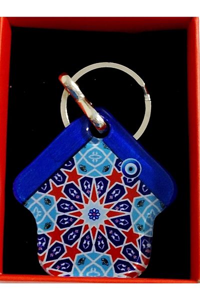 Mixperi Fusion Glass Keychain in Blue Roofed Evil Eye Beaded House Shaped Gift Box