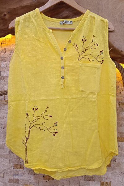 AYASOFYA OTANTIK Women's Yellow Tree Embroidered Button Detailed Sleeveless Blouse