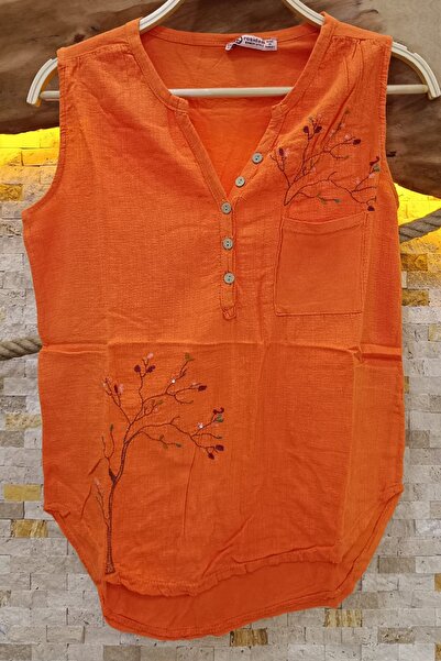 AYASOFYA OTANTIK Women's Turncu Tree Embroidered Button Detailed Sleeveless Blouse