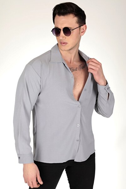 efraim giyim Ανδρικό πουκάμισο Oversize από λινό Aerobin σε γκρι απόχρωση με υφή
