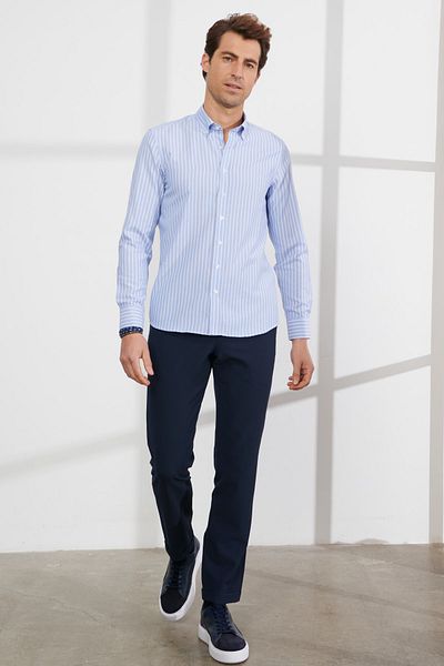 ALTINYILDIZ CLASSICS Ανδρικό Μπλε-λευκό Slim Fit Slim Fit με γιακά βαμβακερό ριγέ πουκάμισο Oxford