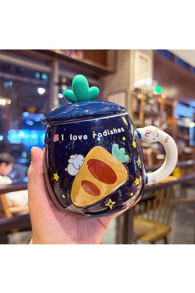 hediyeconcepti 500ml Cute Cartoon Ceramic Rabbit Mug Cup Set with Lid