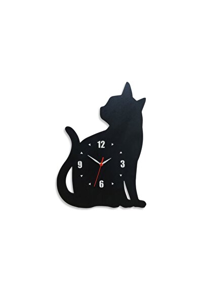 CajuArt Large Size Sitting Cat Wooden Black Wall Clock