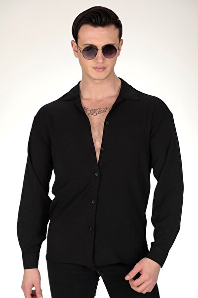 ARİM Men's Textured Aerobin Black Linen Oversize Shirt