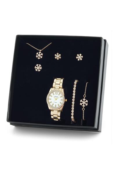 Forentina Altın Kaplama Kar Tanesi Kolye Küpe Bileklik Yüzük Saat Hediye Set ...