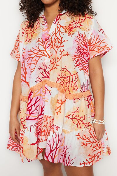 Trendyol Curve Pomarańczowa koralowa wzorzysta krótka sukienka plażowa z falbanką i ozdobnym woalem TBBSS23AH00003