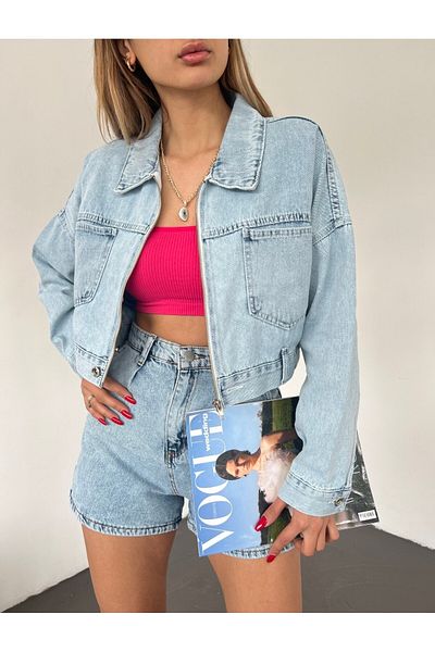 Fav Style Jachetă de damă, cu închidere cu fermoar, cu buzunar dublu, denim, albastru