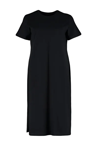 Trendyol Curve Czarna sukienka maxi/długa dzianinowa - okrągły dekolt i rozcięcie 100% bawełna TBBSS23AH00159
