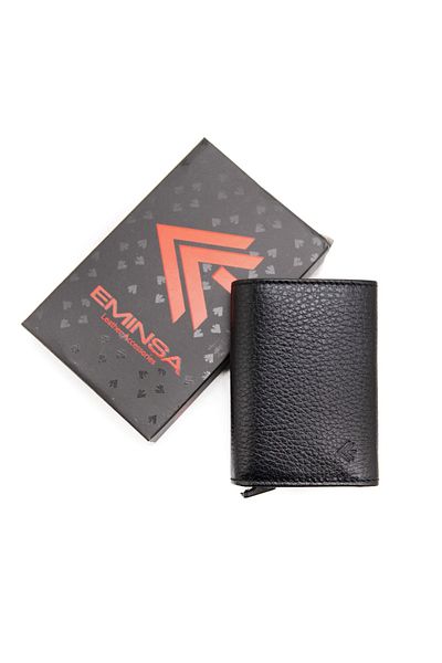 Eminsa Men's Black Genuine Leather Mechanism Card Holder Wallet