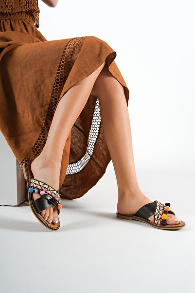 Capone Outfitters Capone 8084 Genuine Leather Pompom Black Women's Slippers