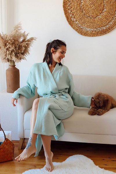 vivamaison Halat de baie kimono pentru adulți, 100% bumbac, 4 straturi, muselină multiplă, verde salvie