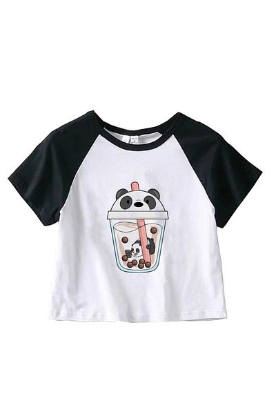 Touz Buddy Bears Panda Printed Raglan Sleeve White Crop