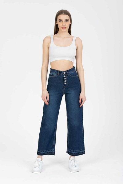 SHEVEGA Women's Navy Blue Button Leg Detailed Flare Jeans Wide Leg Jeans Wide Leg Jeans