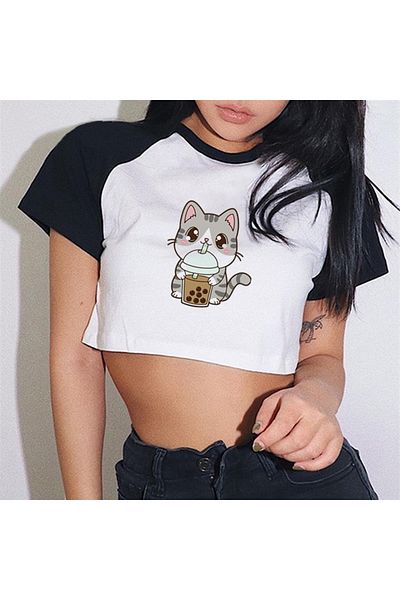 Touz Eysa Pretty Cat Printed Raglan Sleeve White Crop