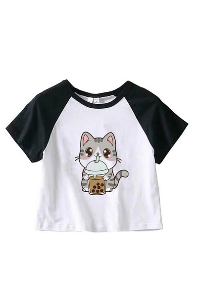 Touz Eysa Pretty Cat Printed Raglan Sleeve White Crop