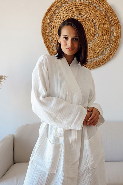 vivamaison Μπουρνούζι Kimono για ενήλικες, 100% βαμβάκι 4 στρώσεων Multi Muslin White