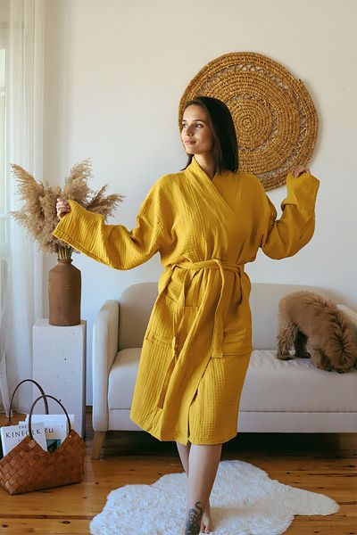vivamaison Halat de baie kimono pentru adulți, 100% bumbac, 4 straturi, muștar multiplă