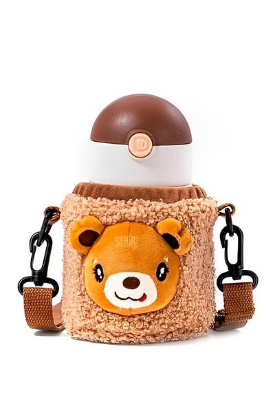 DILLER 300ml Steel Thermos Children's Flask with Cute Animals Plush Cover and Neck Strap