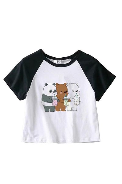 Touz We Bare Bears Printed Raglan Sleeve White Crop