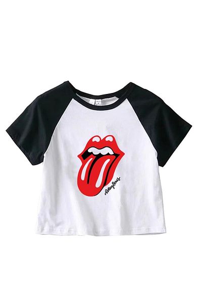 Touz Eysa Rolling Stones Printed Raglan Sleeve White Crop