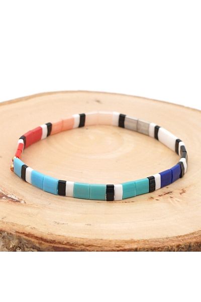 NAZLI TAKILAR Multi-Colored Black Detailed Elastic Miyuki Tila Bracelet