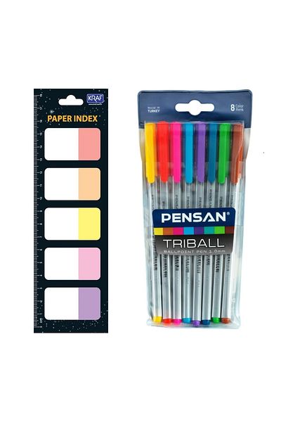 KRAF Paper Flag Film Index 10 Colors + Pensan Triball 8-Piece Colored Ballpoint Set