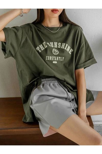 Black Sokak Damska koszulka oversize w kolorze khaki z nadrukiem The Sunshine i okrągłym dekoltem