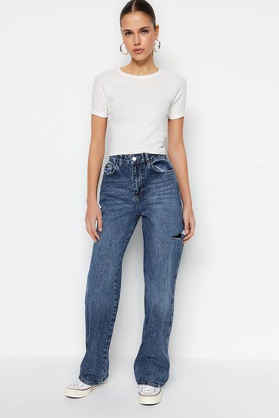 Trendyol Collection Sötétkék szakadt magas derekú, széles lábszárú farmernadrág TWOSS23JE00142