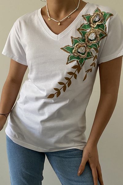 FEMELLE Tricou alb pentru femei, cu decolteu în V, brodat cu paiete, 100% bumbac
