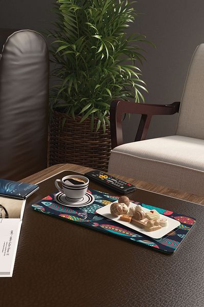 Decovetro Set of 2 Glass Coffee Tableware Presentation Table - Line and Fish Pattern