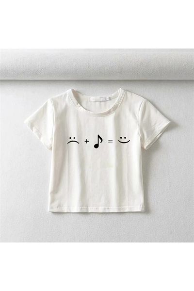 Touz Music Equals Happiniess Printed White Crop