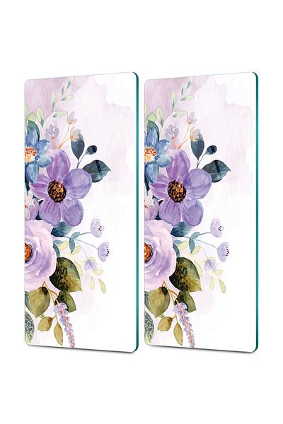Decovetro 2-Piece Glass Coffee Tableware Presentation Table - Purple Flower Patterned Watercolor