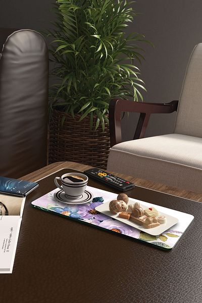 Decovetro 2-Piece Glass Coffee Tableware Presentation Table - Purple Flower Patterned Watercolor
