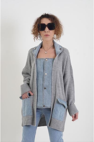Zelish My Sister Cardigan cu detalii din denim gri