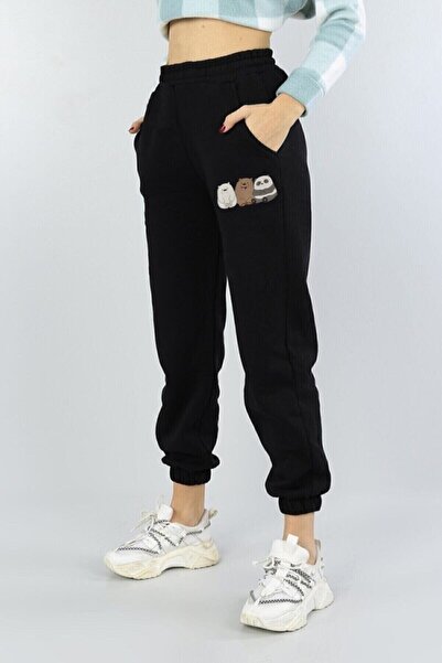 CONSTRAİN Μαύρη αθλητική φόρμα Jogger με στάμπα Kafadar Teddy Bear