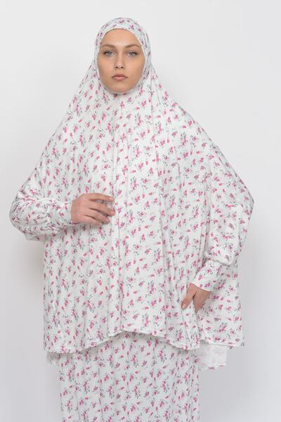 Altobeh Πρακτικό φόρεμα προσευχής με λουλουδάτο σχέδιο δύο τεμαχίων με μανίκια νυχτερίδας και μαντήλι κεφαλής L ελαστικό ύφασμα Hijab 992-0201
