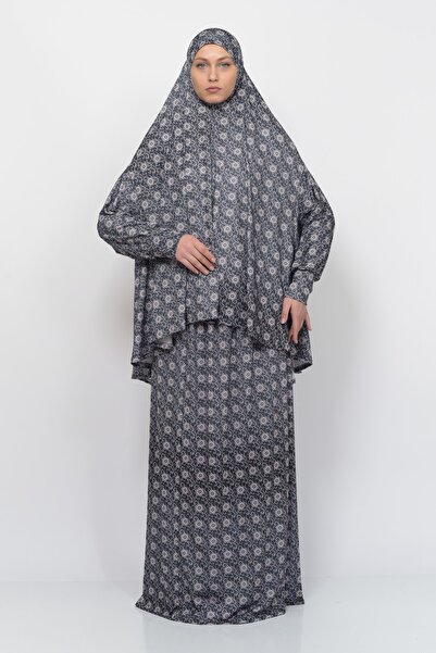 Altobeh Practical Two Pieces Sun Patterned Bat Sleeve Hijab Lycra Muslim Prayer Dress 992-0302