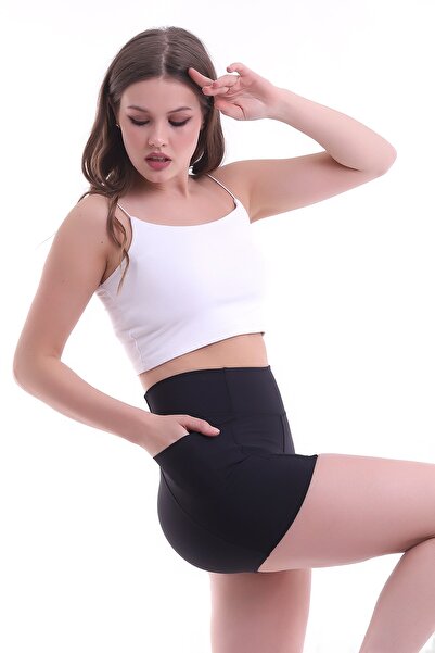 winmoda Women's Pocket Tights Shorts Black Color Corset Fabric Firming Shorts Tights /sports Tights Shorts