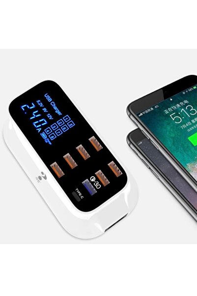 Dynego Çoklu Usb Type-c 8 Port Ampermetre Hızlı Şarj Doldurma Adaptörü