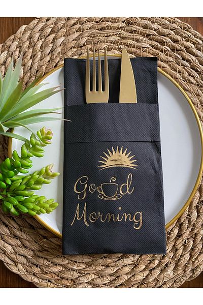 kidspartim Good Morning Gilded Black Napkin - Pocketed, 12 Pieces, 40x40